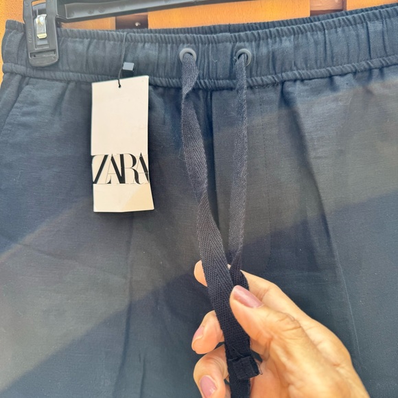 ZARA. NWT. Long Black Shorts. Elastic Waist. Drawstring.Cotton/Linen Ble… - Picture 3 of 8
